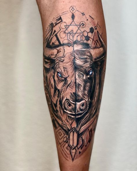 30+ Taurus Tattoos That Are As Awesome As The Sign It Represents - 100 Tattoos Taurus Half Sleeve Tattoo, Taurus Arm Tattoo Men, Taurus Tattoo Men Forearm, Bull Calf Tattoo, Mens Taurus Tattoo, Taurus Bull Tattoos For Men Arm, Tattoo Ideas For Men Taurus, Taurus Tattoo Men Zodiac Design, Taurus Sleeve Tattoo For Men