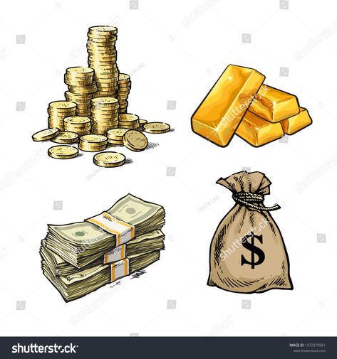 Finance, money set. Stack of coins, gold bars, paper money, sack of dollars. Sketch style hand drawn vector illustration isolated on white background. #Ad , #ad, #bars#gold#sack#paper Money Illustration Art, Coins Drawing, Pics Of Money, Coin Drawing, Money Artwork, Money Sack, Money Illustration, Money Drawing, Gold Drawing