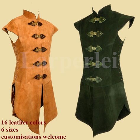 Surcoat for men made of suede. Ideal for ranger, mercenaries and other fighting parts in fantasy larp. It is closed with buckles on the front and tied at the sides with leather straps, so it is variable in width and offers a comfortable fit.  It is completely handmade  Design by Runa-Rian Depending on colour, we use different leather for this leather tunic:           * For the colorus black, light brown, dark brown, chestnut, nature, night blue, fir and red a cow suede with a thickness of 1,1-1, Jerkin For Men, Fantasy Mens Outfits, Fantasy Medieval Clothes Male, Fantasy Mens Clothes, Mens Fantasy Fashion, Fantasy Fashion Male, 13th Century Clothing, Gothic Fashion Men, Male Fantasy Clothing