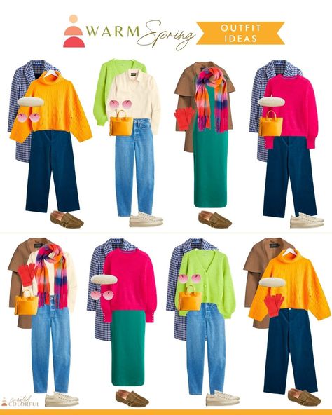 Winter Color Palette Outfits, Colorful Capsule Wardrobe, Bright Winter Color Palette, Postpartum Wardrobe, Warm Spring Color Palette, True Spring Color Palette, Warm Spring Outfits, Created Colorful, True Spring Colors