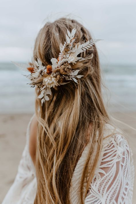 Boho Beach Elopement Wedding in Cornwall | The Boho Bride Guide Boho Bridal Hair, Wedding Hair Half, Romantic Vibes, Boho Flower Crown, Floral Hair Pieces, Flower Hair Pieces, Bridal Hair Inspiration, Wedding Hairstyles Bride, Boho Wedding Hair