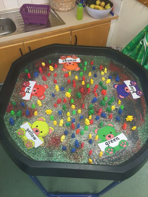 We're going on a bear hunt EYFS Teddy Bear Tuff Tray, Going On A Bear Hunt Activities Eyfs, Tough Spot Ideas, Tuft Tray Ideas Eyfs, Were Going On A Bear Hunt Eyfs, We’re Going On A Bear Hunt Activities, Bear Hunt Craft, Colour Recognition Activities, Going On A Bear Hunt Activities