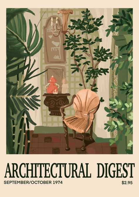 This is a digitally drawn illustration inspired in the cover of “Architectural Digest” 1974, making it vintage. 2023 Vision Board, Vintage Cover, Bathroom Artwork, Vintage Architecture, Vintage Poster Design, Architecture Poster, 2023 Vision, Picture Collage Wall, Green Wall Art