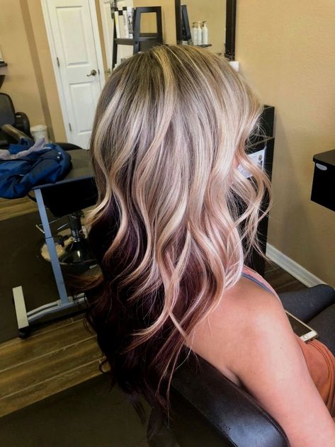 😳Trending: 37+ Underneath Hair Color Inspiration – Burgundy, Brown, Pink, Purple, Blonde Dyed Hairstyles #BurgundyColors #Click underdye blonde underdye hair silver underdye hair white underdye hair red underneath hair color ideas underneath hair color for brown hair underneath hair color for blonde hair how to dye the underlayer of your hair Blonde With Dark Red Underneath, Blonde Highlights With Red Underneath, Blonde With Maroon Underneath, Blonde And Dark Red Highlights, Blonde On Top Dark Red Underneath, Blond With Burgundy Peekaboo, Blonde Hair With Maroon Underneath, Colorful Hair Underneath Blonde, Icy Strawberry Blonde Balayage