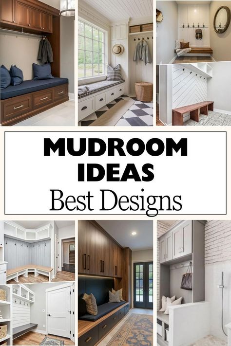 A collage of stylish mudroom designs featuring various features such as seating areas, hooks, and storage solutions. The top left shows a dark wooden bench with pillows and hooks above for coats. The top right shows a bright space with a window seat and a woven basket. The bottom displays benches in different styles and colors, including a light wood chevron pattern and a gray-toned arrangement with open storage. The central text reads "MUDROOM IDEAS Best Designs." Mudroom Design Ideas, Shoe Cubbies, Seating Storage, Shoe Cubby, Mudroom Ideas, Mudroom Design, Entryway Storage, Green Cabinets, Clever Storage Solutions