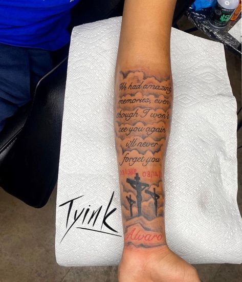 Memorial Tattoos Forearm, Memories Tattoo, Dark Disney Tattoo, Tattoo Text, Memorial Tattoo Ideas, Word Tattoo Ideas, Tattoo Ideas Males, Word Tattoo, Half Sleeve Tattoos For Guys