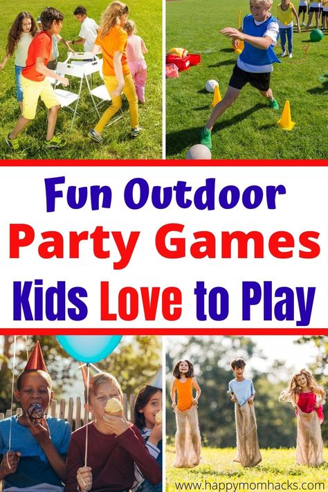 Fun Outdoor Party Games for Kids Backyard Birthday Parties. Simple games ideas parents can set up and kids will love playing. You're sure to find the perfect outdoor game for your party, BBQ, or family event. #outdoorgames #kids #birthdaygames #partygames #backyardgames Fall Themed Outdoor Games, Fall Outdoor Games For Adults, Park Party Games, Outdoor Fall Games, Kid Party Games Outdoor, Harvest Games, Diy Party Games, Outdoor Party Games, Outside Games