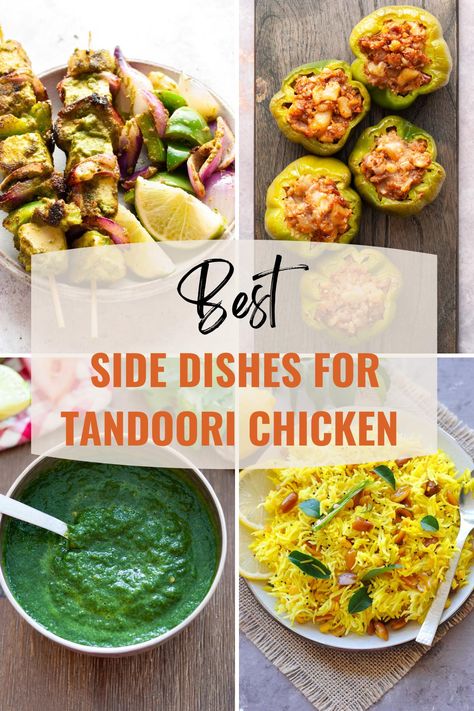 At a loss for what to serve with tandoori chicken? Here are 15 side dishes that go very well with it. They allow your star dish to remain centre-stage and do not steal the show. Choose from a wide variety of easy recipes featuring rice, vegetables, cottage cheese, potatoes and savory dips. Sides For Tandoori Chicken, What To Serve With Tandoori Chicken, Tandoori Chicken Side Dishes, Tandoori Chicken Sides, Indian Side Dishes Vegetable, Tandoori Chicken Recipe Indian, Indian Sides, Tandoori Fish, Tandoori Chicken Recipe