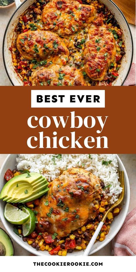 This cowboy chicken is full of Southwestern flavor! Tender chicken cooked with beans, corn, tomatoes, onions, and melty cheese. Southwest Chicken Recipe, Cowboy Chicken Recipes, Cowboy Dinner Recipes, Chicken And Corn Recipes, South Western Chicken, Chicken And Beans Recipe, Chicken Dishes Healthy, Cowboy Chicken, Cowboy Food