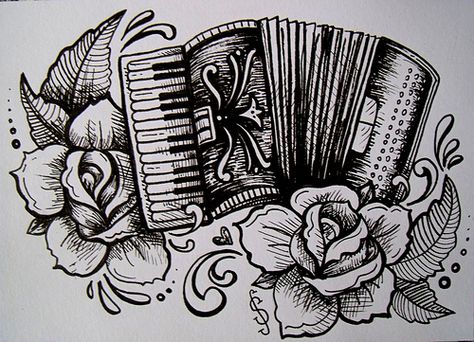 my accordian and roses tatto style illustration Accordion Tattoo Design, Accordian Tattoos, Accordion Illustration, Accordion Tattoo, Louisiana Tattoo, Electric Guitar Art, Strong Tattoos, Horse Shoe Tattoo, Music Tattoo Designs