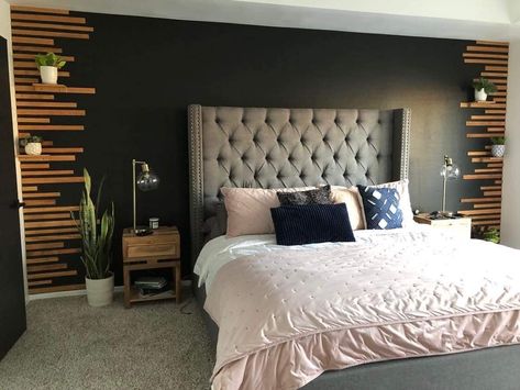 Black Plank Wall Bedroom, Unique Bedroom Accent Walls, Black Accent Wall Bedroom Color Schemes, Black Statement Wall Bedroom, Dark Feature Wall Bedroom, Easy Accent Wall Ideas Bedroom, Black Feature Wall Bedroom, Black And Wood Bedroom, Statement Walls Bedroom