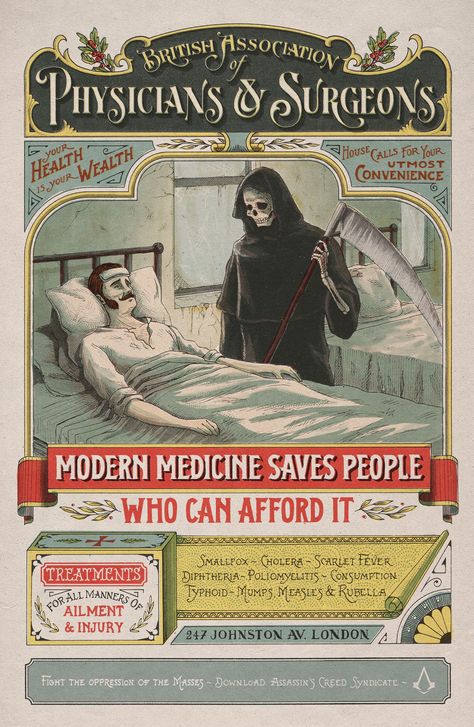 Assassin's Creed Syndicate | Victorian-Style Posters Depicting Injustice and Class Exploitation | Award-winning Illustration for Advertising | D&AD Halloween Postcard, Medical Posters, Assassins Creed Syndicate, Ad Of The World, Victorian London, Old Advertisements, Vintage Medical, Assassin’s Creed, Old Ads