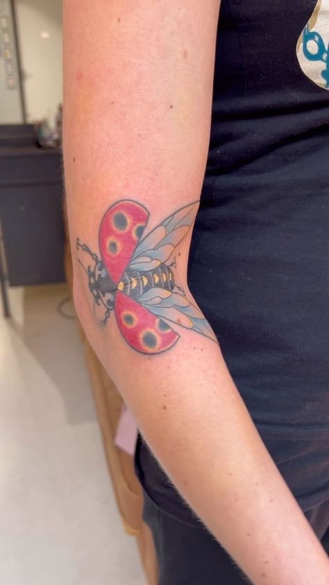 Aaaand… my first elbow pit bug banger goes to @mandyvonlion. Thank you. • • #elbowpittattoo #movingtattoo #bugtattoo #ladybug #ladybugtattoo #lucky #luckytattoo | Maik Gnass | The Four Seasons · Lucky Ladybug | Reels Ladybug Open Wings Tattoo, Ladybug Elbow Tattoo, Elbow Pit Tattoo, Inner Elbow Tattoos, Lucky Ladybug, Ladybug Wings, Moving On Tattoos, Raccoon Tattoo, Lucky Tattoo