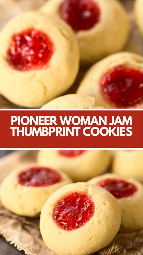 Pioneer Woman Jam Thumbprint Cookies are made with all-purpose flour, salt, unsalted butter, granulated sugar, light brown sugar, egg yolk, vanilla extract, and raspberry jam. Expect to spend 45 minutes for 24 servings. Butter Jam Cookies, Jam Thumbprint Cookies Recipe, Pioneer Woman Desserts, Butter Thumbprint Cookies, Egg Yolk Cookies, Best Thumbprint Cookies, Pioneer Kitchen, Jam Thumbprint Cookies, Thumbprint Cookies Recipe