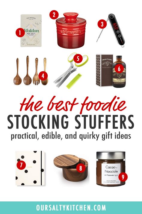 Stocking stuffers for the foodie or home chef in your life! Ideas for everyone from the novice chef to the cook who has everything, plus our favorite edible stocking stuffers and holiday gifts. Find cheap, affordable, fun and practical stocking stuffers for Christmas morning for your favorite person who loves to eat! #stockingstuffers #christmas #holiday #christmasgift #holidaygift Practical Stocking Stuffers, Food Stocking Stuffers, Fun Stocking Stuffers, The Novice Chef, Novice Chef, Ideas For Food, Stocking Stuffers For Her, Romantic Gifts For Him, Stocking Stuffer Ideas