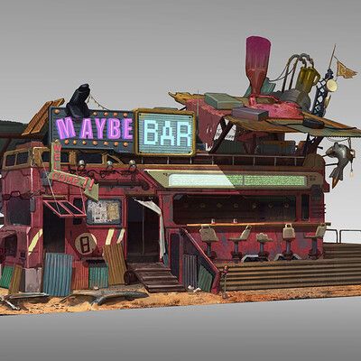 Junk Town Concept Art, Farmhouse Concept Art, Bar Concept Art, Building Concept Art, Diaroma Ideas, Fallout 4 Settlement Ideas, Sci Fi Building, Fallout Concept Art, Spaceship Interior