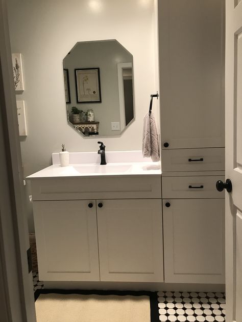 Long Bathroom Makeover, Small Bathroom Vanity With Storage Tower, Bathroom Storage Tower On Vanity Diy, Medium Bathroom Remodel, Double Vanity Bathroom With Linen Closet, Single Sink Bathroom Vanity With Linen Tower, Bathroom Counter Cabinet Tower Diy, Bathroom Vanity With Linen Cabinet, Bathroom Vanity With Storage Tower Dimensions