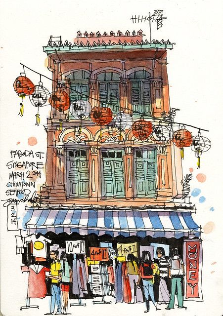 Chinatown shophouse, Singapore | A beautiful shophouse with … | Flickr Singapore Art, Urbane Kunst, Building Sketch, Travel Sketchbook, Watercolor Architecture, Travel Sketches, Seni Cat Air, Urban Sketchers, Arte Sketchbook