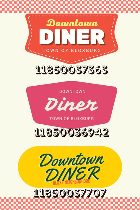 This was a request! Requested by @MyshaOrlando (: Make sure to use the transparent decal object and resize to your liking if you have the option to do so :D Enjoy these diner decals for your bloxburg diner! I also have menus that match these, so check them out! #roblox #bloxburg #decals #bloxburgdecals #bloxburgdiner #bloxburgrestaurant #bloxburglogos Bloxburg Diner, Roblox Bloxburg Decals, Diner Logo, Diner Sign, Bloxburg Decals Codes Aesthetic, School Decal, Blocksburg Room Ideas￼, Diner Restaurant, Bloxburg Decals Codes Wallpaper