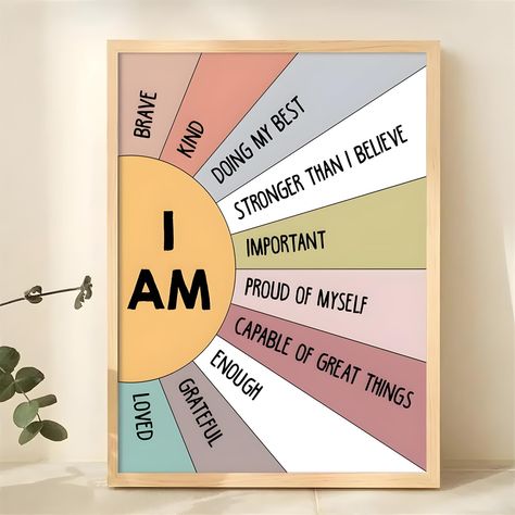 Empower Your Classroom with Our Inspirational I AM Affirmations Poster! (Print No Frame Included) Elevate the atmosphere of your classroom or counseling office with this vibrant and uplifting I AM Affirmations Poster. Designed to inspire and motivate, this poster is perfect for teachers and school counselors who want to create a positive and encouraging environment for their students. What's Included: High-Quality Poster: Featuring empowering affirmations such as "I AM Brave," "I AM Important," and "I AM Capable of Great Things." Made to Order: Each poster is crafted with care upon your order. No Frame Included Free Shipping: Enjoy free shipping on all orders! Why You'll Love It: Empowering Messages: Helps students build self-esteem and confidence with daily affirmations. Vibrant Design: E Self Care Poster, Am Poster, Counselling Room, Psychologist Office, School Counseling Office, Counselors Office Decor, School Counselor Office, Positive Affirmations For Kids, Calm Down Corner