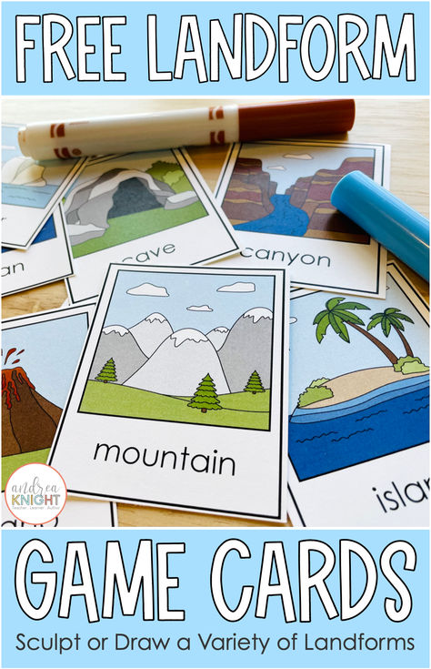 We love learning about landforms! We read about them, build them, watch videos, all the things. But one of our favorites is to play landforms games. These cards can be used to play fun group games where children draw or sculpt specific landforms for their teammates to guess. From hills and mountains to canyons and valleys, this set includes a wide variety of landforms to review. Grab the pack and get ready to play! 3rd Grade Landforms, Maps And Landforms 2nd Grade, Land Formations Activities, Land Activities For Preschool, Playdough Landforms, Landforms Activities Kindergarten, Landforms Model Projects 2nd Grade, Landform Activities For Kids, Landforms Kindergarten