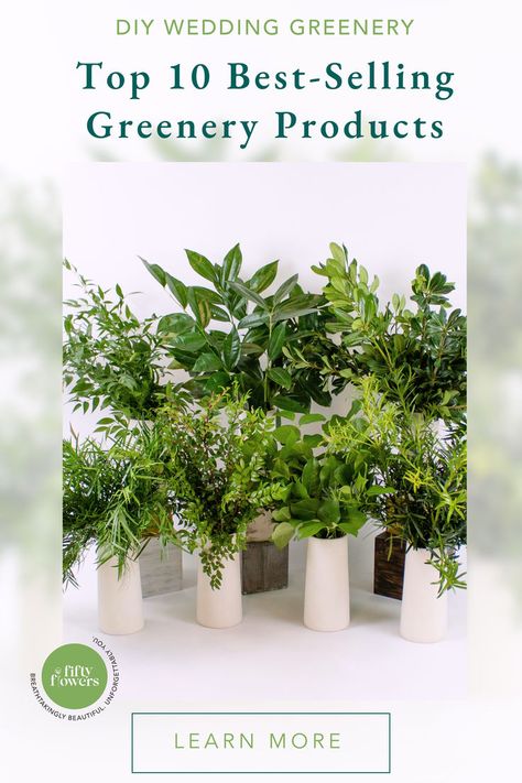 A Blog Graphic That States Top 10 Best-Selling Greenery Products With A Picture Of Greens And A Blurred Background. Diy Wedding Greenery, Greenery For Wedding, Wedding Ideas Diy, Eucalyptus Wedding Decor, Bridal Bouquet Ideas, Wedding Isles, Diy Bridal Bouquet, Greenery Bouquet, Wedding Greenery