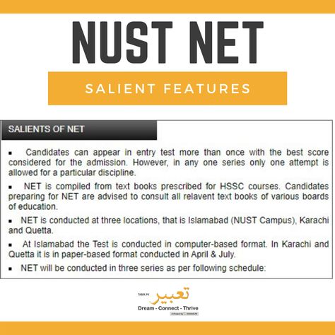 #NUST NET Salient Features  For many, NUST is their dream university. The bigger the dream, the tougher is the test.  If you are still confused about where to begin, tabir.pk has everything that you need for the perfect preparation: 👉 NUST #ECAT EXAM Cracker 📲  Start Preparing Now at: http://bit.ly/2FQTOWk Dream University, The Test, The Dream, University, Good Things, Books