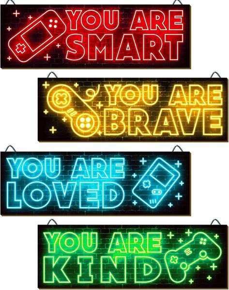 4 Pieces Neon Gaming Decor for Boys Room Wooden Video Game Wall Art Boys Gamer Room, Video Game Wall, Game Wall Art, Video Game Wall Art, Game Wall, Video Game Decor, Fa Fal, Inspirational Quotes Wall Art, Wood Wall Art Decor