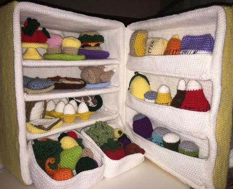 Crochet Fridge, Crochet Breakfast Food Free Pattern, Crochet Food Free Patterns Play Kitchens, Crochet Fridge And Food, Crochet Food Patterns Play Kitchens, Crochet Doll Playset, Bored Jar, Crochet Food, Crochet Set