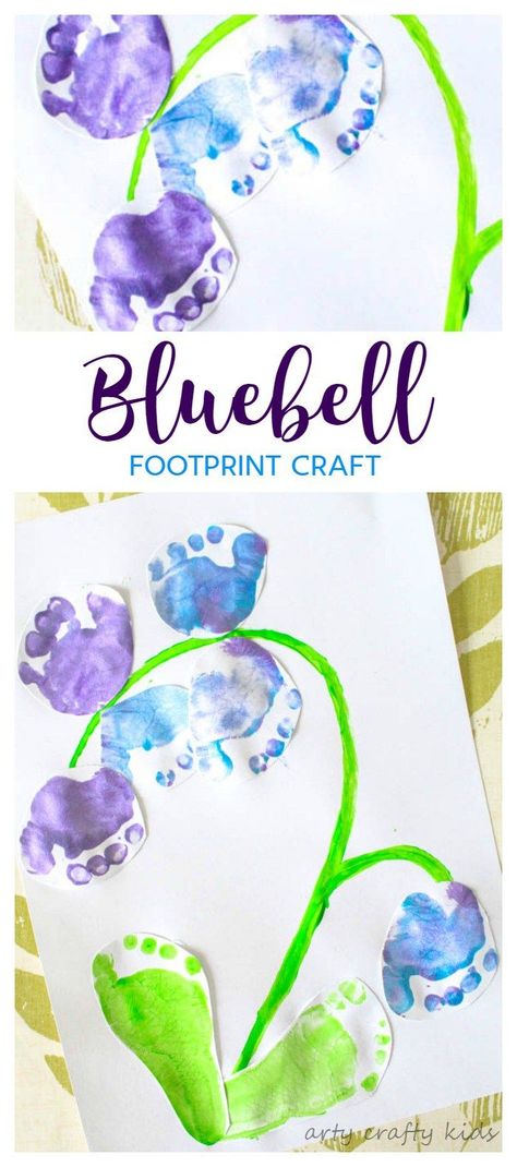 Arty Crafty Kids | Art | Bluebell Footprint Art | A cute Spring craft for kids, using little tooties and feet to make a gorgeous bluebell! #springcraftsforkids #craftsforkids #kidscrafts Bluebell Art, Flowers Heels, Flowers Bathroom, Spring Toddler Crafts, Spring Crafts Preschool, Footprint Craft, Spring Art Projects, Baby Art Projects, Footprint Crafts