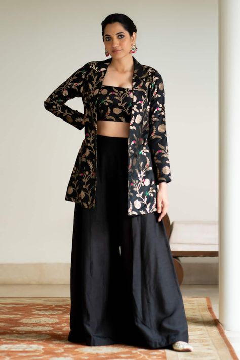 Buy Pink Base Fabric Silk Embroidery Round Floral Motif Kurta Sharara Set For Women by Label Niti Bothra Online at Aza Fashions. Pant Crop Top And Jacket Indian, Ethnic Blazers For Women, Brocade Cord Set, Lehenga Crop Top Designs, Black Brocade Suit, Upcycle Saree, Indian Wedding Outfits Guest For Women, Black Palazzo Pants Outfit, Plazo Dress