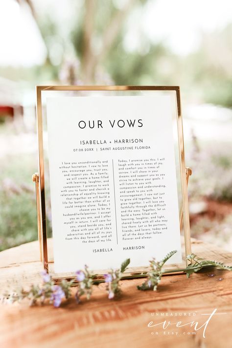 "𝐒𝐀𝐕𝐄 𝐀𝐍 𝐄𝐗𝐓𝐑𝐀 𝟏𝟎% ⮕ https://bit.ly/3EWroZC This DIY PRINTABLE wedding vows keepsake template features a clean serif font and modern, minimalist design. Use this template to edit the fonts, font color, and background color to match your event needs. This template can be accessed through TEMPLETT.COM; an online editor where you can edit without downloading any additional software or fonts. You will receive an email from TEMPLETT.COM just moments after purchase to edit your template.  Download and print at home or with a professional service/local print shop.  ✅INSTANT ACCESS ✅NO EXPIRATION DATE ✅EDIT MOST WORDING/FONTS/COLORS ✅PRINT AT HOME OR PROFESSIONALLY ⬇️TRY THE DEMO BEFORE PURCHASE FREE DEMO https://templett.com/design/demo/UnmeasuredBranding/4675986,4676032 💜 MATCHING Printed Vows Decor, Vows Template, Our Vows Framed, Framed Wedding Vows, His And Her Vows Framed, Vows Keepsake, Vow Keepsake, Wedding Vows Printed And Framed, Vows Printed