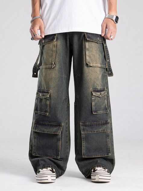 Men Retro Washed Jeans, Suitable For Daily Wear In Spring And Summer, School Bronze    Denim Plain Wide Leg Non-Stretch  Men Clothing, size features are:Bust: ,Length: ,Sleeve Length: 2000s Grunge Male, Metalhead Outfits Men, Mens Wide Leg Pants, Grunge Pants, Streetwear Fashion Men, Y2k Mens, Jeans Grunge, Grunge Jeans, Grunge Guys