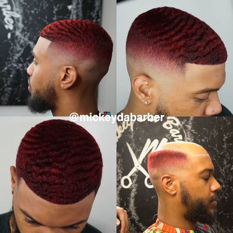 Red Waves Hair Black Men, Black Guy With Red Hair, Black Men With Dyed Hair, Hair Color Ideas For Men Black, Red Faded Hair, Colored Waves Hair Men, Cherry Red Hair Men, Dyed Waves Black Men, Red Hair Men Dyed