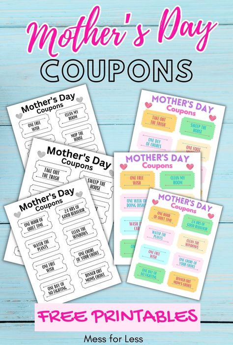 Celebrate Mom with these free Mother's Day Coupons Printable! Get 6 pages of coupons in black and white and color. Great Mother's Day Gift! #MothersDay #PrintableCoupons Spring Kids Activities, Mother's Day Coupons, Kids Craft Supplies, Diy Coupons, Free Printable Coupons, Kindergarten Printables, Birthday Gifts For Grandma, Fine Motor Skills Activities, Celebrate Mom