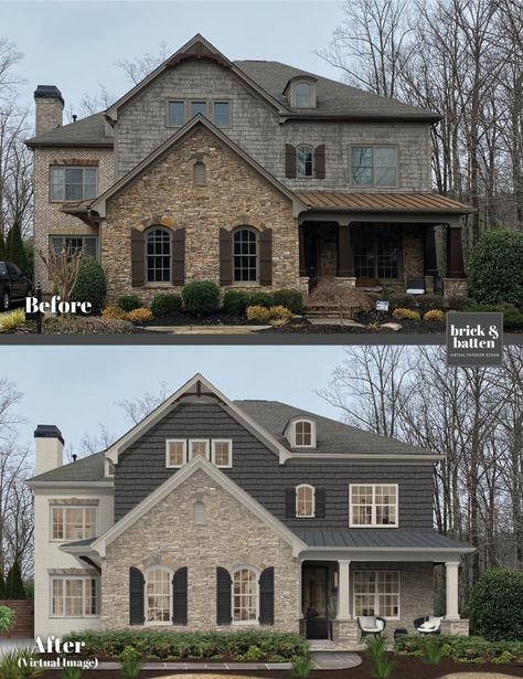 Blonde Brick Exterior Color Schemes, Brown Brick House Exterior, Brick House Exterior Colors Schemes, Winter Home Exterior, Blonde Brick, Home Exterior Decor, Brown Brick Exterior, Brown Brick Houses, Yellow Brick Houses