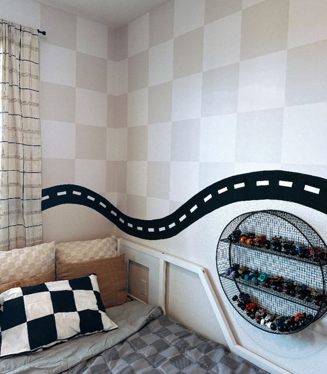 Bowie Wallpaper Moody Toddler Room, Toddler Boy Room Wall Decor, Race Car Bedroom Ideas For Boys, Toddler Boy Room Wallpaper, Little Boy Playroom, Toddler Boy Wall Decor, Toddler Boy Wallpaper, Cars Toddler Room, Little Boys Bedroom Decor