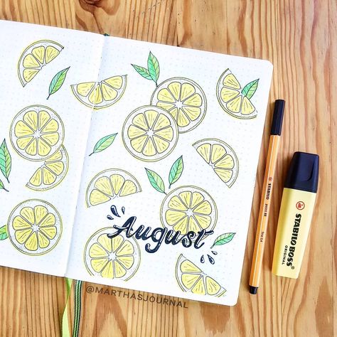 Martha's journal on Instagram: “August is here! 🍋 I chose a lemon theme, because I'm obsessed with yellow at the moment. What do you think?😊 • • • #bulletjournal #bujo…” August Bullet Journal Cover, August Bullet Journal, Bullet Journal August, Weekly Log, Hello August, Faux Calligraphy, Bullet Planner, Stabilo Boss, Bullet Journal Themes