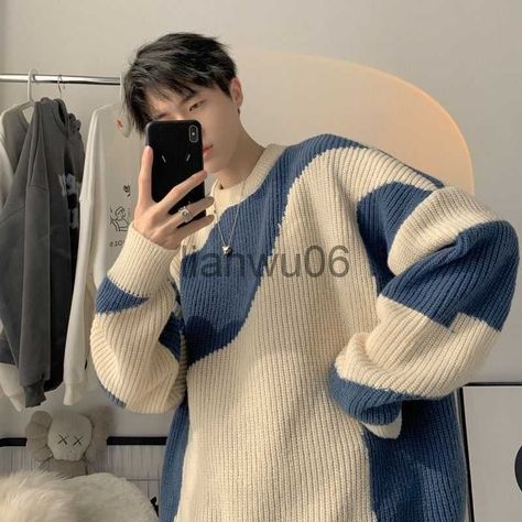 none Mens Oversized Sweater, Casual Harajuku, Patchwork Sweater, Vintage Pullovers, Sweater For Men, Retro Men, Knit Sleeve, Men Model, Winter Tops