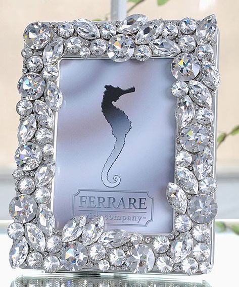 * I am obsessed with this frame and ice bucket from home decor company, Ferrare with Company. They are completely covered with Swarovski c... Bling Picture Frames, Frames Diy, Jeweled Picture Frame, Jeweled Picture, Old Jewelry Crafts, Jewel Frames, Crystal Frame, Picture Frame Crafts, Vintage Jewelry Ideas