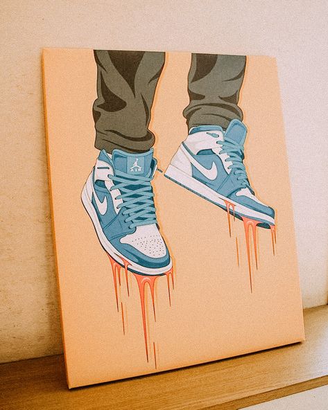 Sneaker Head Painting Canvas, Nike Shoes Painting Canvas, Jordan Canvas Painting, Paintings For Guys, Paintings For Men, Jordan Painting, Planet Drawing, Blue Drawings, Butterfly Art Painting