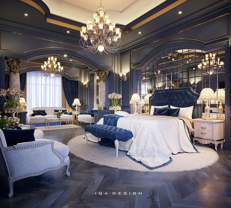 luxury master bedroom on Behance Royal Blue Bedrooms, Royal Bedroom, Interior Boho, Luxury Bedroom Decor, Blue Bedroom Decor, Luxury Bedroom Design, Luxury Bedroom Master, Bilik Tidur, Mansion Interior