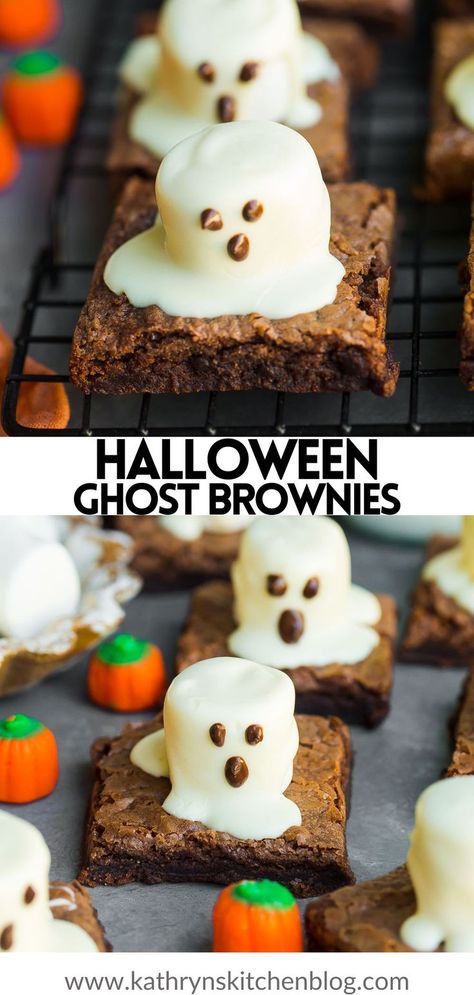 These fun Spooky Ghost Brownies make the perfect Halloween treat! They are so easy and made with your favorite brownie recipe, jumbo marshmallows, and chocolate. Everyone will love how delicious (and cute) they are! Recipe Marshmallows, Ghost Brownies, Boxed Brownie Recipes, Halloween Boards, Candy Bar Cookies, Mini Pumpkin Cheesecake, Halloween Food Desserts, Halloween Foods, No Bake Brownies