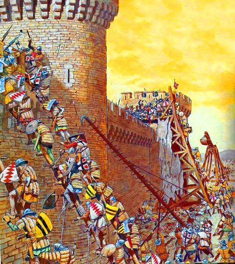 Siege Warfare Castle Siege, Medieval Warfare, Historical Drawings, Military Illustration, Warriors Illustration, Historical Warriors, High Middle Ages, Medieval Knights, Eastern Roman