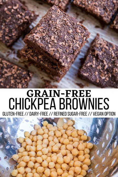 These Dark Chocolate Chickpea Brownies are gluten-free, dairy-free, refined sugar-free, and grain-free and made with wholesome ingredients. The recipe only requires a few pantry essentials that you probably already have on-hand, and a blender! I have included a vegan option as well! #beans #chickpeas #dessert #chocolate #brownies Chickpeas Dessert, Healthy Cocoa, Chickpea Brownies, Brownies Healthy, Cocoa Powder Recipes, Savory Dessert, Sugar Free Brownies, Healthy Treats Recipes, Best Gluten Free Desserts