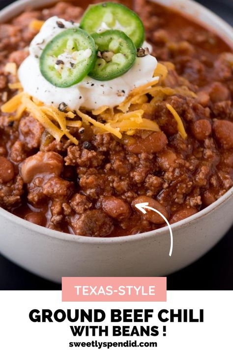 Sour cream and shredded cheese topping a bowl of Texas style chili. Chili With Beans Recipe, Chili Recipe With Beans, Authentic Texas Chili, Texas Style Chili, Easy Homemade Chili, Chili With Beans, Ground Beef Chili, Beef Chili Recipe, Texas Chili