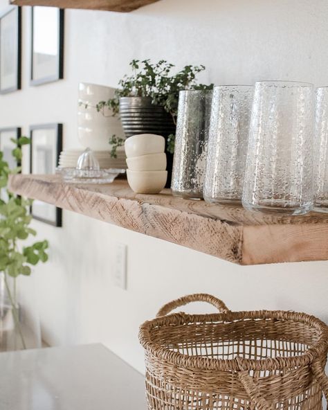 Rae on Instagram: “We finished our floating shelves over the weekend and I love them so much! I really wanted a thick piece of wood with texture and interest…” Kitchen Floating Shelves, Home Decor Shelves, Apartment Decoration, Budget Kitchen, Decor Ikea, Wall Kitchen, Ideas Hogar, Decor Themes, Kitchen Shelf