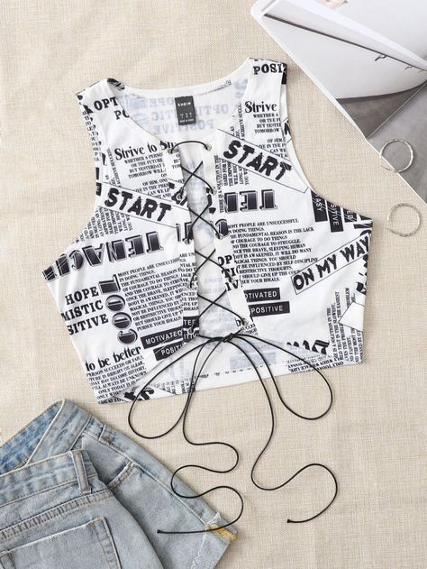 Black and White Sexy   Polyester Letter Tank  Slight Stretch Summer Women Tops, Blouses & Tee Newspaper Print Corset Top, Newspaper Clothes, Taylor Swift Top, Eras Outfit, Reputation Era, Taylor Swift Tour Outfits, Geometric Fashion, Desired Reality, Newspaper Print