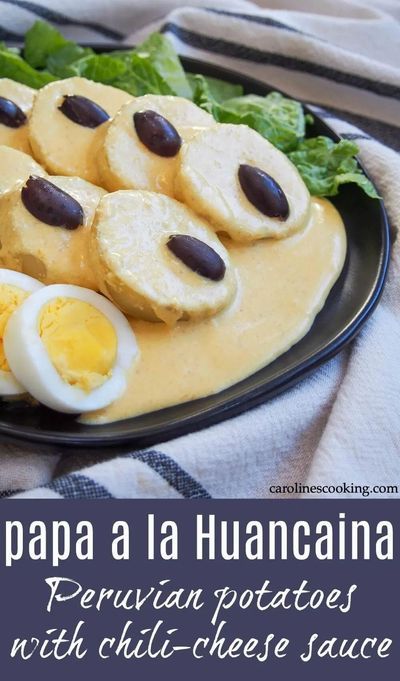 Papa a la Huancaina is a classic Peruvian appetizer of potatoes smothered with a delicious cheese and chili sauce. It's no doubt unusual if you're not familiar with it, but the flavors are incredibly tasty and it's so easy to make too. Plus the sauce is versatile and can be used as a dip, with pasta and more. #peruvianfood #potato #vegetarian Huancaina Sauce Recipe, Peruvian Potatoes, Yucca Fries, Potato Appetizers, Peruvian Dishes, South American Recipes, Peruvian Recipes, Hispanic Food, Chili Cheese