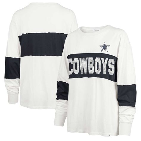 Show your Dallas Cowboys pride in casual comfort with this '47 Clubhouse Pride Taylor Long Sleeve T-Shirt. The raw edges on the front panel and sleeve stripes add a vintage aesthetic. This comfy and stylish tee is a must-have for any fan looking to add some vintage Dallas Cowboys flair to their game day look. Vintage Dallas Cowboys, Gameday Couture, 47 Brand, Vintage Aesthetic, Dallas Cowboys, Game Day, Tshirt Logo, Womens Clothing Tops, Long Sleeve T Shirt